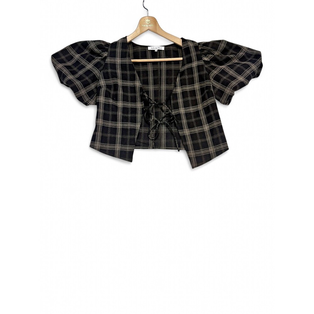 Sofie the‎ Label Cropped Plaid Tie-Front Puff Sleeve Blouse M